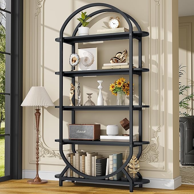 Jehiatek Arched Bookshelf Bookcase, 71 Inches Tall Industrial Book Shelf with Sturdy Metal Frame, E1 Quality Boards, Freestanding Display Shelving Unit, Black