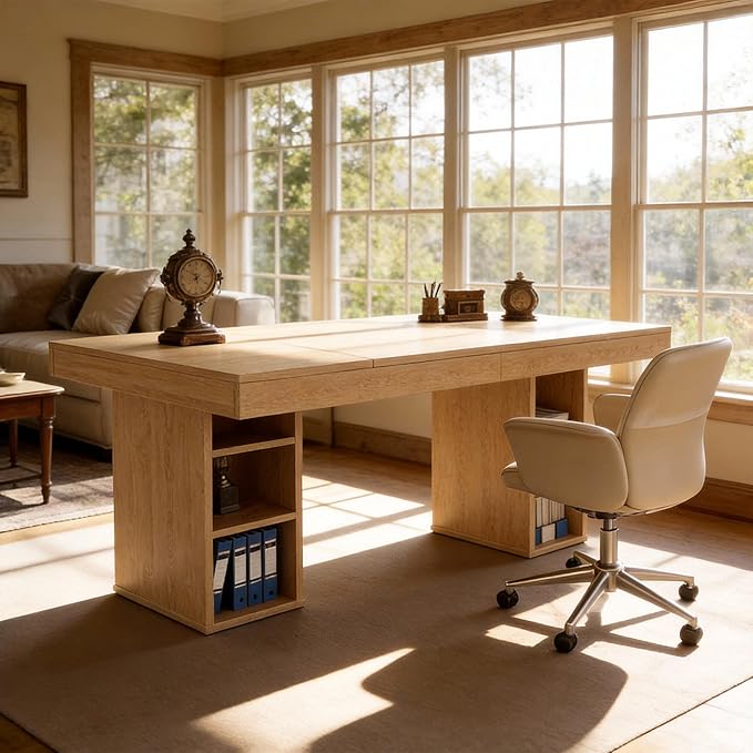 IDEALHOUSE 63”Executive Desk with Cabinet Storage, Farmhouse Home Office Desk, Wooden Computer Desk with Extra Thickened Tabletop & Metal Frame, for Work Study Writing, Oak