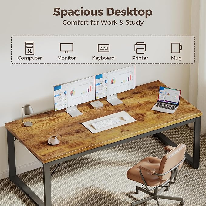 Mericonia 48 Inch Computer Desk, 1" Thick Heavy Duty Industrial Office Desk, Modern Simple Study Writing Table for Home Office Bedroom Workstation, Brown