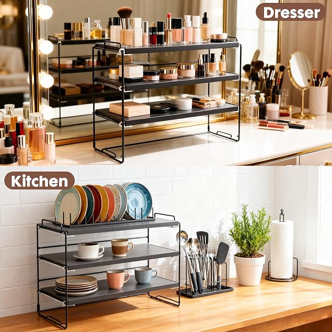 ShellKingdom Desk Shelf Organizer, 3 Tier Desktop Shelves, Adjustable Bookshelf Storage Rack and Office Cubicle Decor for Tabletop, School, Office, Dorm Organization (Black)