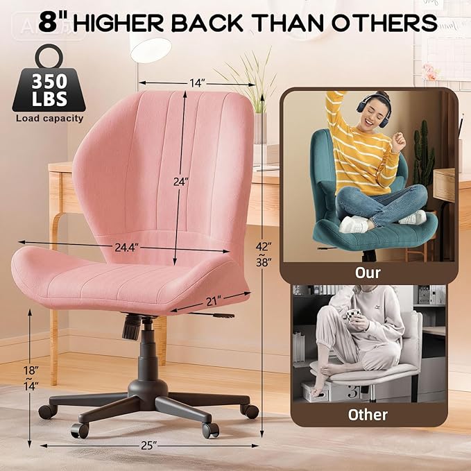 ZZW Criss Cross Chair with Wheels, Wide Cross Legged Office Chair Armless Comfy Desk Chair with Tall Back Vanity Chairs with Stress Relief Curved Design Seat for Bedroom & Office & Home Pink