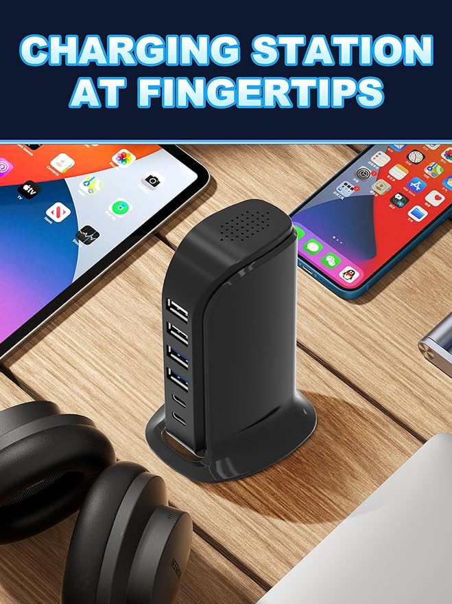 USB Charger, Charging Station for Multiple Devices 45W, Fast Charging Blocks with Dual Type C Ports, 4 USB Charging Hub Organizer Multiport for iPhone, Ipad, Smartphones, Travel Accessories