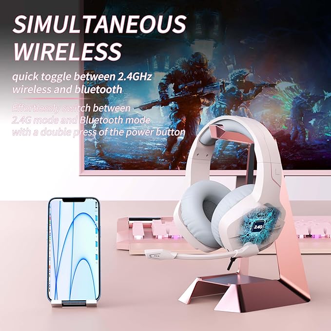 BINNUNE 2.4GHz Wireless Gaming Headset, Bluetooth 5.3 Gaming Headphones with Noise Canceling Mic, 120H Ultra-Long Battery, 50mm Drivers, Multi-Platform for PC / PS5 /PS4/ Switch/Mobile, Pink