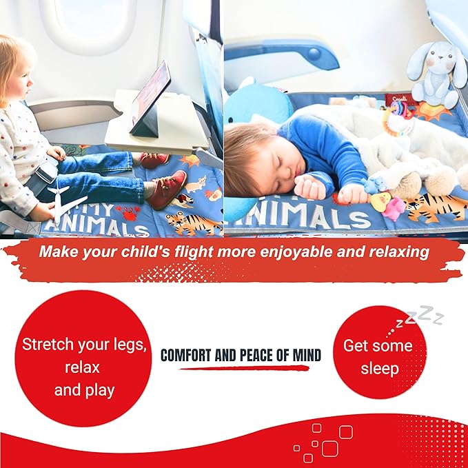 Cegali Airplane Seat Extender for Kids ANM: Enhance Your Child's in-Flight Comfort. Travel Toddler Bed, Leg Rest, Foot Hammock, All in One (My Animals - Cool Grey)