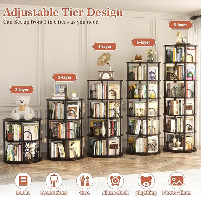 Aheaplus 6 Tier Rotating Bookshelf Tower, Revolving Bookcase, 360° Round Spinning Book Shelf, Narrow Swivel Bookshelves Vertical Rolling Turning Corner Bookshelf Organizer for Small Space, Black