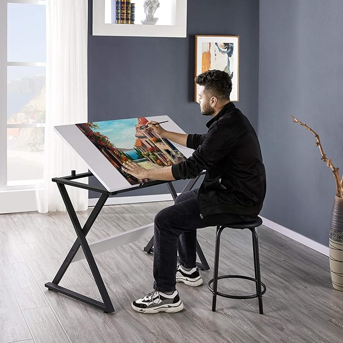 Topeakmart Height Adjustable Drawing Table Drafting Table up to 30 Degrees, Art Tilting Tabletop Workstation for Artists, Home Furniture Art Desk for Writing/Studying/Reading, White