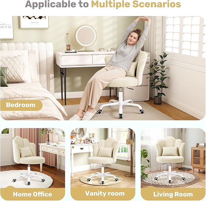BestGlory Petal Vanity Chair with Wheels, 3.15" Extra Thick Comfy Makeup Chair, Adjustable Modern Swivel Armless Desk Chair for Girls Women, Aesthetic Small Office Chair for Bedroom Dorm