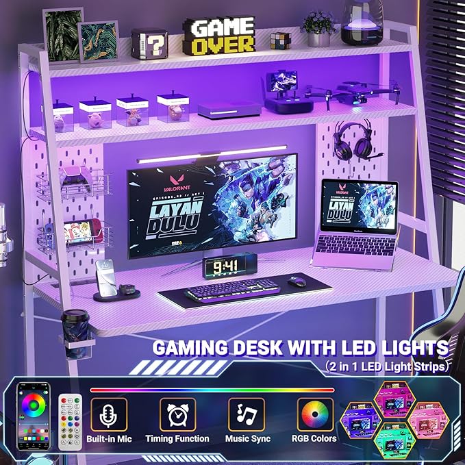Besiost Gaming Desk with Hutch and LED Lights, Gaming Computer Desk with Power Outlets, Gamer Desk with Storage Shelves, PC Game Desk with Pegboards for Bedroom, Carbon Fiber White, 49"