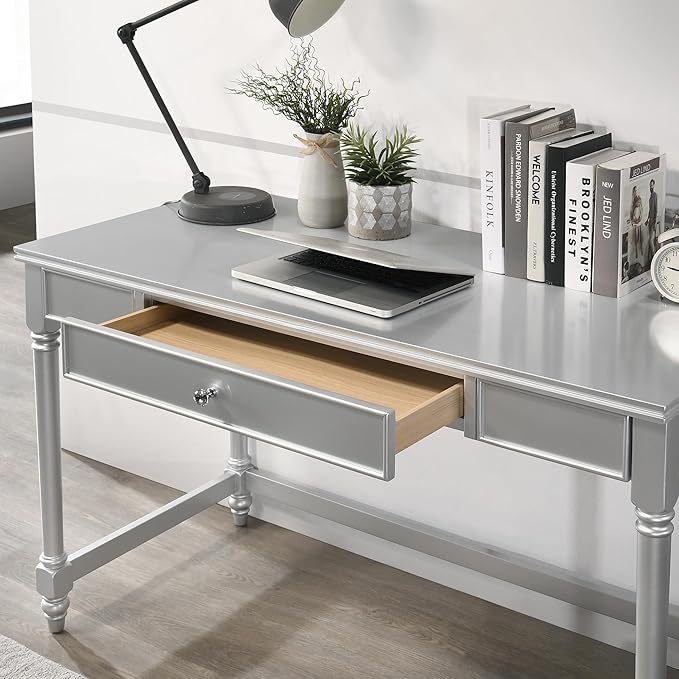 24/7 Shop at Home Eunie Modern 2-Piece Wood Storage Writing Desk with 1 Drawer and Upholstered Chair Set for Workstation, Home Office, Study Room, Silver