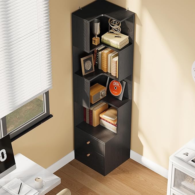 IRONCK Corner Bookshelf, 70.87" Tall Corner Bookcase with Drawers, Corner Shelf Storage Display Rack for Living Room Home Office, Black