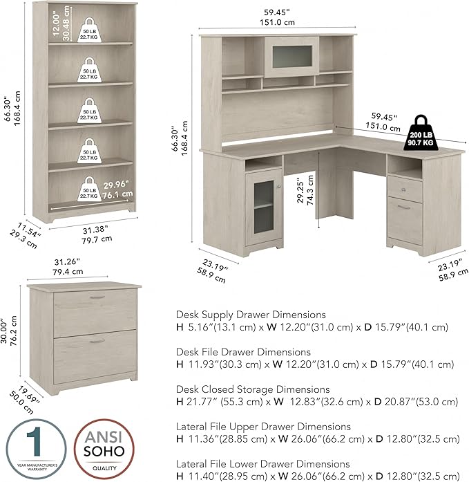 Bush Furniture L Shaped Desk with Hutch, 5 Shelf Bookcase and Lateral File Cabinet | Cabot Collection Corner Computer Table with Storage and Bookshelf | 60Wx23DX37W