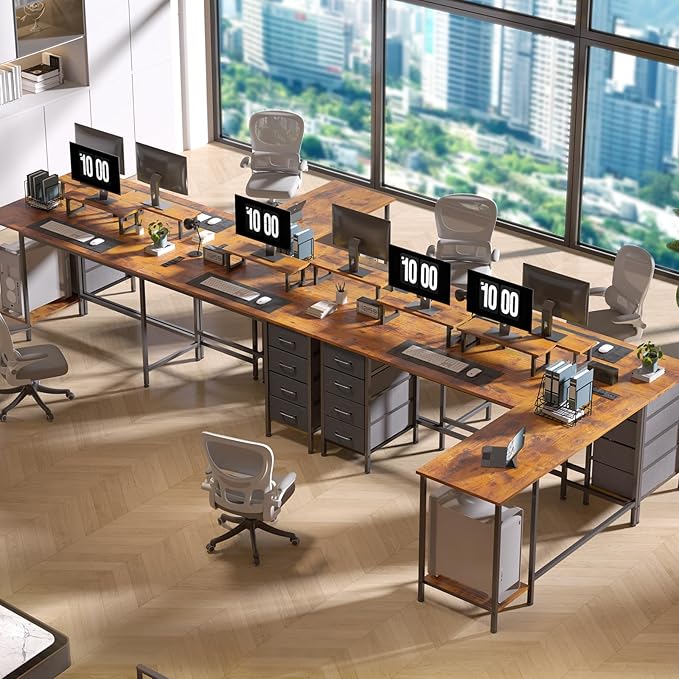 Korfile 66" L Shaped Computer Desk with Power Outlets, Home Office Desk with 4 Adjustable Storage Drawers & 2 Monitor Stands, Large Two Person Gaming Table for Writing Study, Rustic Brown