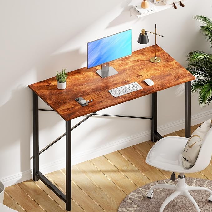 OLIXIS 40 Inch Home Office Desk, Small Computer Gaming Work Table with X-Shaped Reinforcement, Metal Frame Simple Writing Study Table for Bedroom, Rust