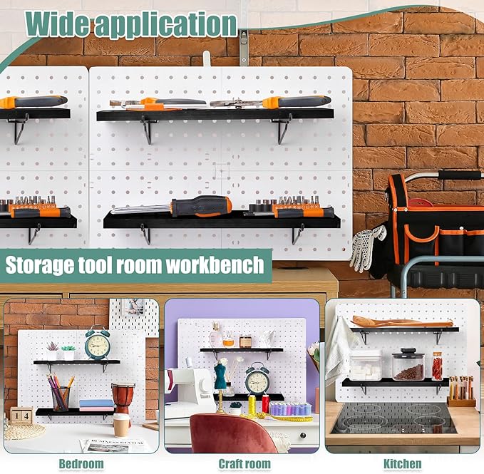 Qunclay 8 Pack Pegboard Shelf Set Wooden Shelves with Metal Brackets Hook Wall Pegboard Shelving Heavy Duty Accessories for Crafts Home Office Garage Workbench(Black)