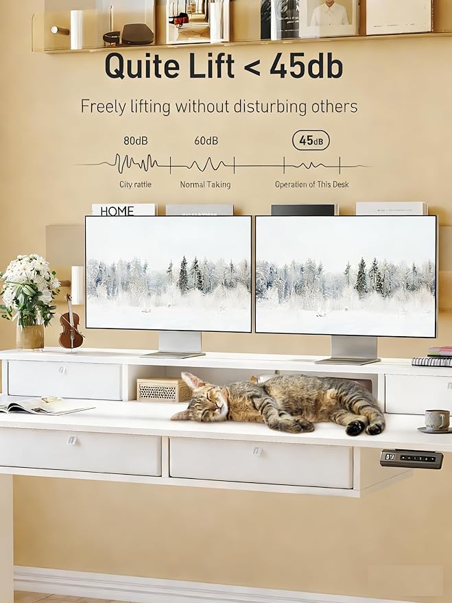 CubiCubi 48" x 24" Standing Desk with Drawers, Height Adjustable Electric Workstation, Computer Sit Stand Up Table with Large Storage Shelf 4 Drawers and 2 Hooks, White