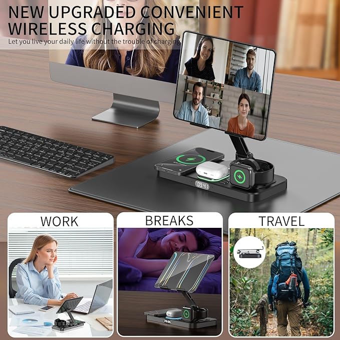30W Foldable Charging Station for Multiple Devices, iPad Charging Station with Clock Display & Night Light for iPhone 17 Pro Max/16/15/iWatch 11/Air-pods 3/iPad 2025/Tablet Stand Holder