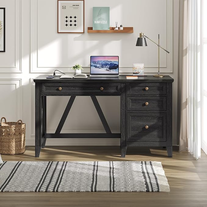 ONBRILL 54 Inch Farmhouse Executive Desk, Computer Desk with Drawers, Home Office Desk with Charging Station, for Working Studying Writing, Black
