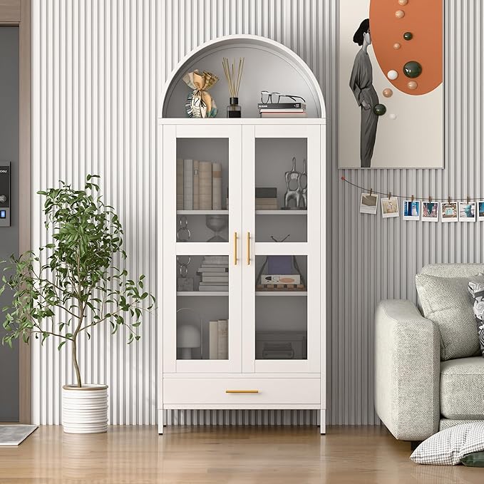 VEXPOR 73" Tall Arched Display Cabinet with Glass Doors, Metal Arched Curio Cabinet with Drawer for Living Room, Home Office, Assembly Required, White