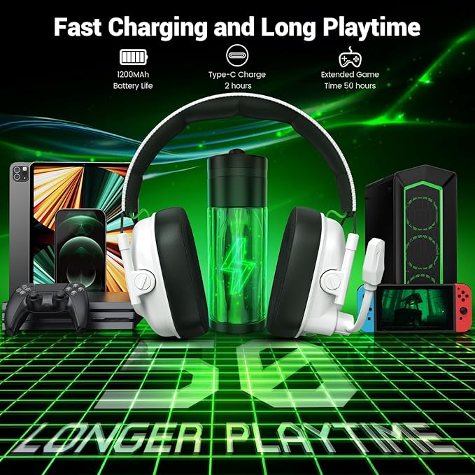 Krysenix 2.4 GHz Wireless Gaming Headset for PC, PS5, PS4, Switch, Mac, Bluetooth 5.4 Gaming Headphones with Noise Canceling Microphone, Cool RGB Lighting, 50Hr Battery, Foldable, 50mm Drivers-White