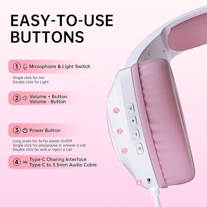 AOC Wireless Gaming Headphones with USB-C for PS5/4, Nintendo Switch, PC, Bluetooth 5.4 & 2.4GHz Gaming Headset with Noise Canceling Mic, RGB, 20ms Latency, 45H, 7.1 Virtual Surround- Pink