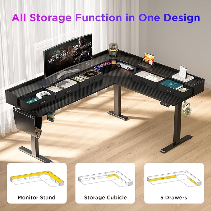 WALKINGDESK 75 Inches Height Adjustable L Shaped Standing Desk with 5 Drawers and Monitor Shelf, Electric Sit to Stand Home Office Comupter Table, Ergonomic Corner Gaming Desk, Black