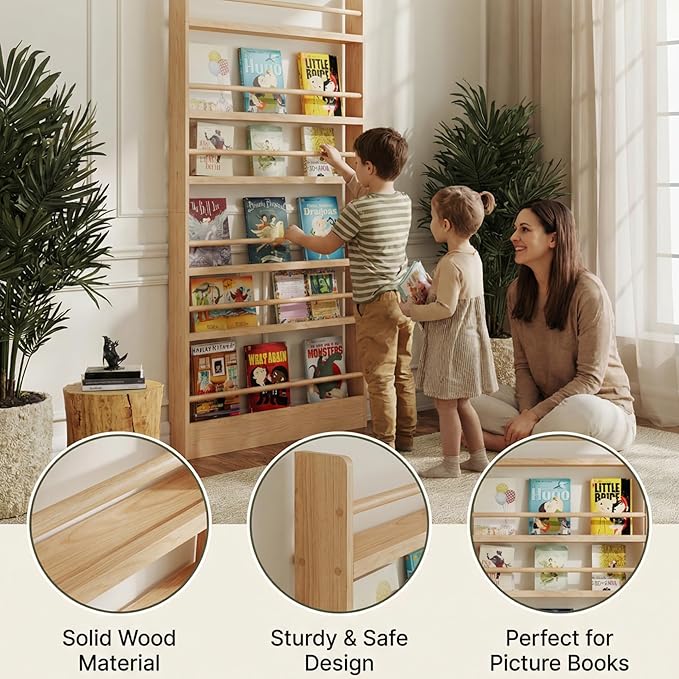 Baveke Kids Bookshelf, 6 Tier Shelves Behind The Door Book Shelf Storage, Children's Solid Wood Bookcase, Wall Mount Bookshelf for Bedroom, Living Room, Nursery（（FSC-Certified Wood））