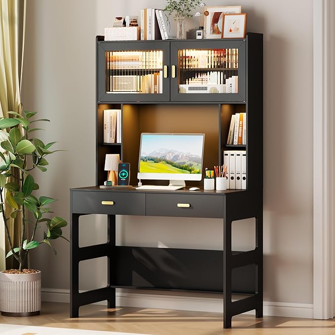 Vlsrka Home Office Desk with Hutch and Drawers, 40" Computer Desk with Storage Shelves and LED Lights, Modern Wooden Writing Study Table with Charging Station for Bedroom, Black