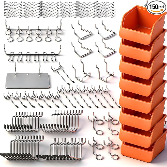 HORUSDY 150 PCS Pegboard Hooks Assortment Kit – 15 Types Heavy Duty Pegboard Accessories with Bins – Fits 1/8 & 1/4 Inch Pegboard Metal Hooks for Garage, Workshop, and Tool Organization