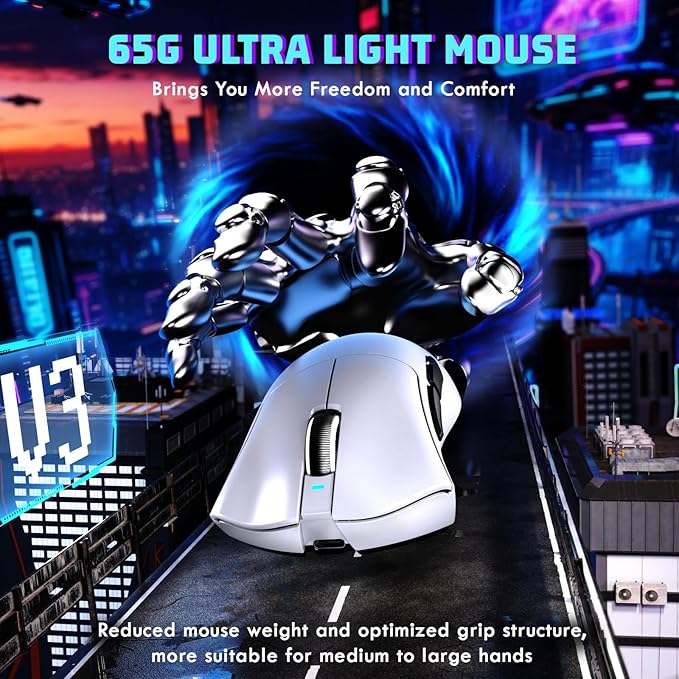 MAMBASNAKE ATTACKSHARK V3 Wireless Gaming Mouse,Adjustable 25K DPI PAW3311 Optical Sensor,Ergonomic 62g Lightweight 5 Programmable Buttons 500mAH Battery,2.4G/BT/USB-C Wired for PC/Mac-White