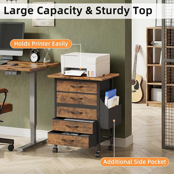 HIGDBFE 5 Fabric Drawers File Cabinet with Side Pocket, Rolling Printer Stand with Storage for Home Office, Wood Top Storage Cabinet for Documents and Crafts, Rustic Brown, 15" D