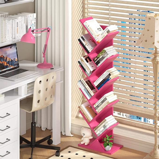 SHEEPAM 10 Tier Tree Book Shelf, Floor Standing Wood Bookshelf for Narrow Space, Storage Organizer Bookshelves for Books/CDs/Magazine, Bookcase with Shelves for Home Office, Living Room - Pink