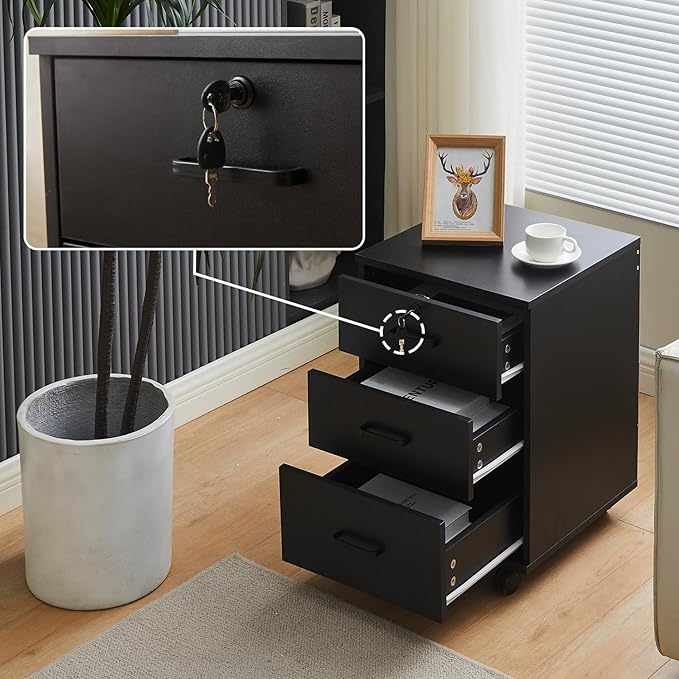 OFCASA 3 Drawer Mobile File Cabinet with Lock, Wooden Under Desk Filing Cabinet with Wheels, Small Rolling Storage Cabinet for Home Office Organizer A4/Letter Size/Legal, Black