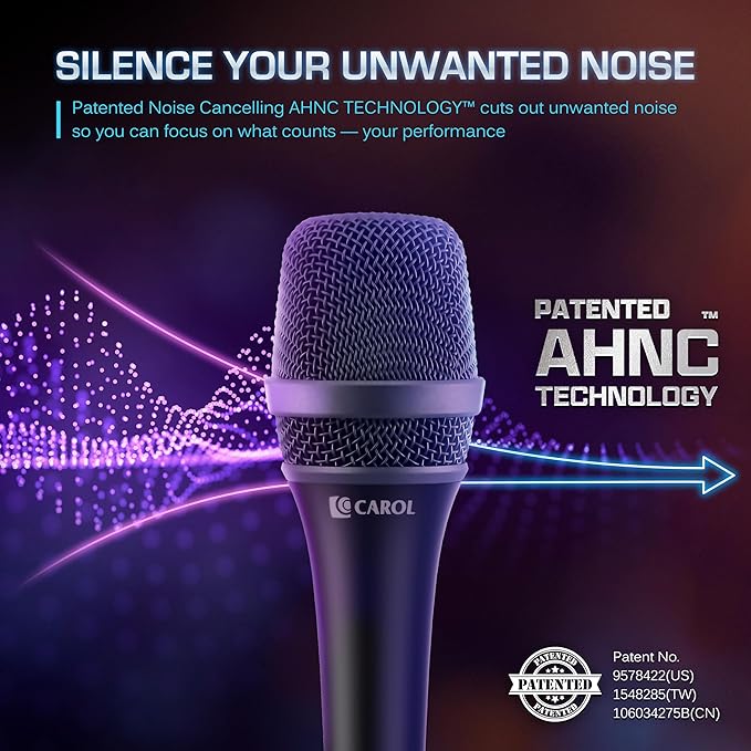 CAROL AC-900 XLR Wired Vocal Microphone – Dynamic Supercardioid Mic with Dual-Engine AHNC Noise Cancelling Tech for Singing, Karaoke, Stage & Studio, Includes Mic Clip & 14.8ft XLR Cable - Black