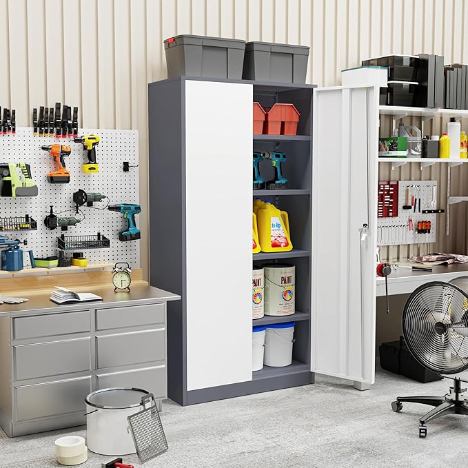 SUNCROWN 72" Metal Storage Cabinet - Heavy-Duty Metal Garage Cabinet with 4 Adjustable Shelves & 2 Doors for Tools, Office, Home, Workshop,Grey & White