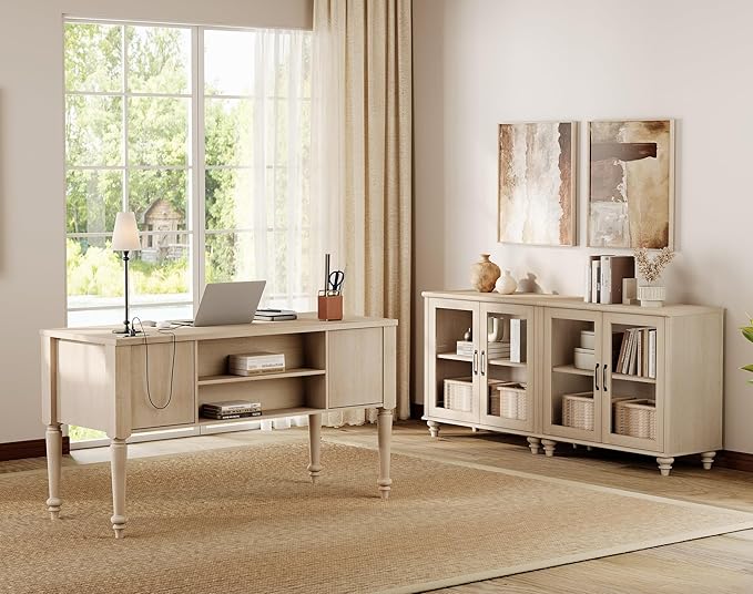 WAMPAT Home Office Furniture Set, 56'' Executive Desk with Charging Station, 2-in-1 Cabinet with Glass Doors, Wood Computer Desk with File Cabinet Storage, Open Shelf, Beige