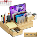 Bamboo Charging Station for Multiple Devices - Darfoo Wood Charging Dock Organizer with Drawer, 7 USB Charging Ports Compatible with Cell Phones, Tablet, Smart Watch & Earbud