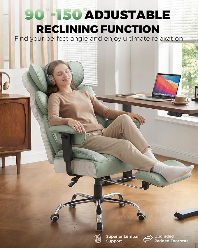 COMHOMA Big and Tall Office Chair with Upgrade Footrest, Heavy Duty Gaming Chair High Back Executive Chair with Spring Lumbar Support for Lower Back Pain Relief, 150°Reclining Adjustable Armrests