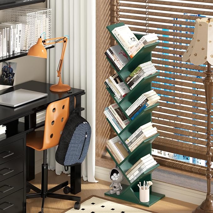 SHEEPAM 10 Tier Tree Book Shelf, Floor Standing Wood Bookshelf for Narrow Space, Storage Organizer Bookshelves for Books/CDs/Magazine, Bookcase with Shelves for Home Office, Living Room