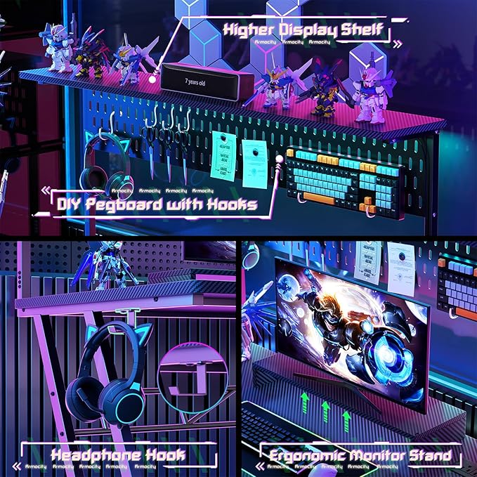 Armocity Gaming Computer Desk with Shelves and Outlets, Gaming Desk with Hutch and LED Lights, Reversible PC Gaming Desks with Pegboard, Carbon Fiber Black 47''