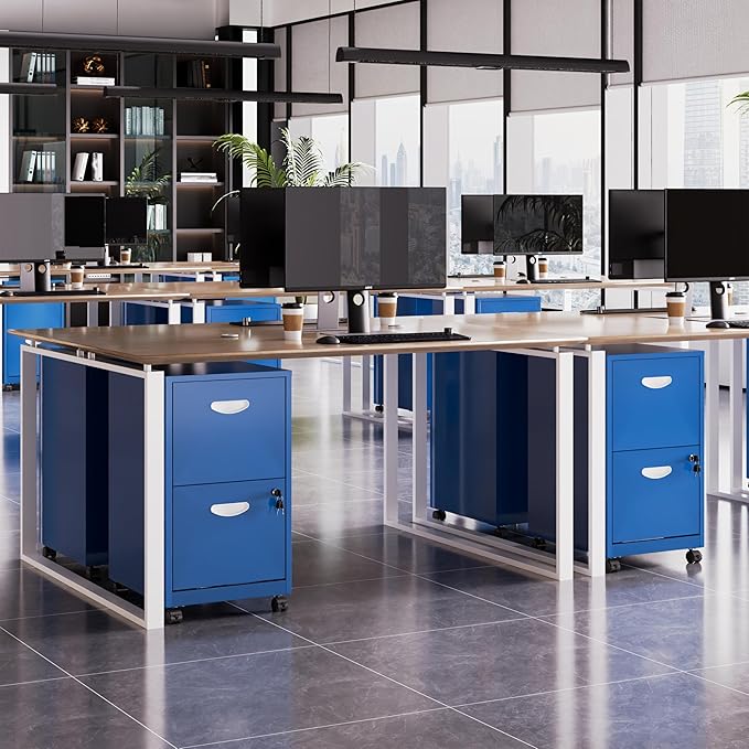 Polup 2 Drawer File Cabinet with Lock, Small Rolling Filing Cabinet for Home Office, Metal Mobile File Cabinets on Wheels, Blue Office Cabinets for Letter Size Folders - Assembly Required