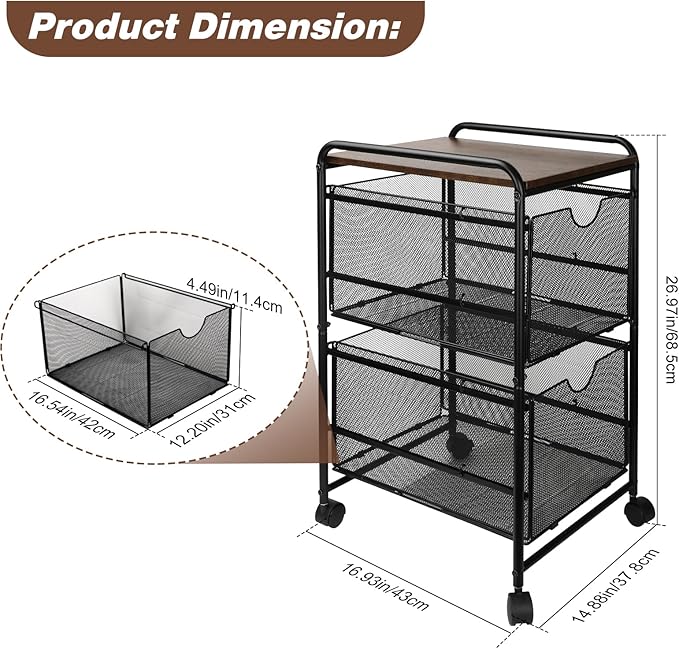 EasyPAG Rolling File Cart with 2 Drawers, Under Desk File Cabinet on Lockable Wheels, Hanging Folder Organizer with Wooden Printer Stand for Home Office