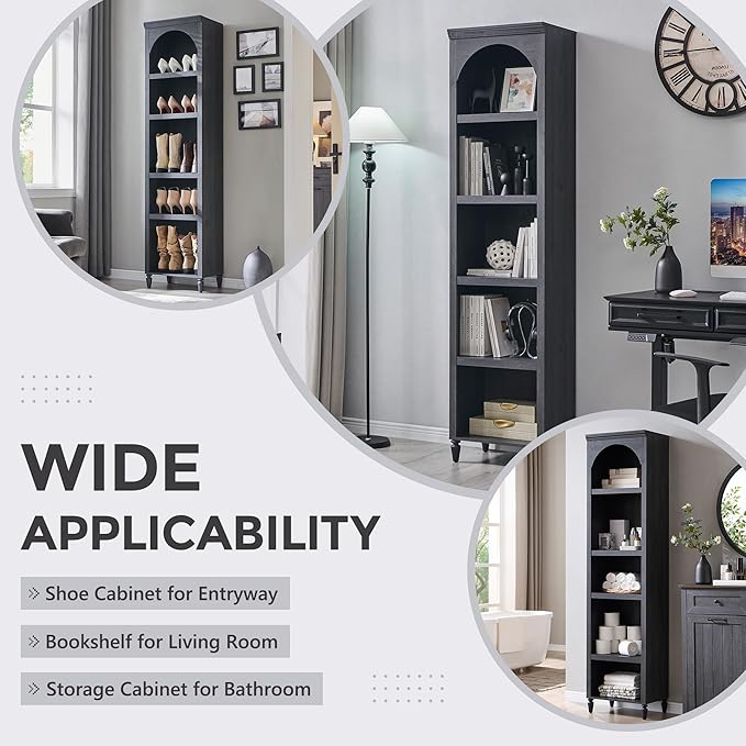 IFGET 76" Tall Arched Bookcase, Farmhouse 5 Tiers Narrow Arched Bookshelf Cabinet with Adjustable Shelves, Modern Wooden Book Shelf w/Storage and Open Display Shelves for Living Room, Office-Dark Grey