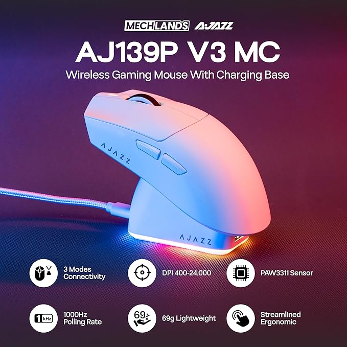 MechLands AJAZZ AJ139P V3 MC Wireless Mouse with Charging Base, 3 Modes Gaming Mouse with 800mAh Battery, Adjustable 24,000 DPI, PAW3311 Sensor, 1000 Polling Rate, 69g Lightweight, Win/Mac (White)