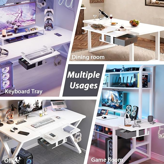 Flenpptly Desk Extender Tray, 24" x 12" Desk Extension with Storage Drawer, Clamp On Desk Dxtender, Keyboard Extender for Desk, Keyboard Tray for Office & Home Use (White)