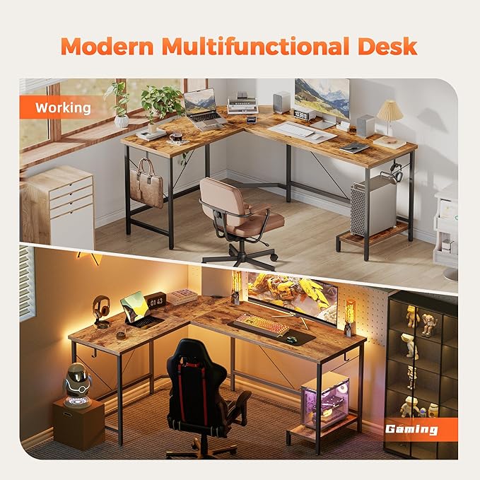 Mericonia 66 inch Large L Shaped Desk, Simple Corner Gaming Desk with CPU Stand & Hooks, Computer Desk for Home, Bedroom & Office Workspace, Dark Brown
