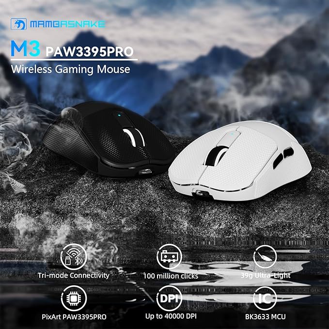 MAMBASNAKE M3 Wireless Gaming Mouse,39g Ultra-Lightweight BT/2.4GWireless/Wired Gaming Mouse,PAW3395PRO 40K DPI Optical Sensor,200Hrs Battery,Tape,Office Mice for PC/Win/Mac (Black)