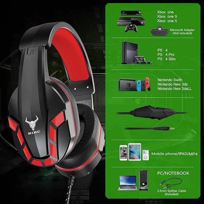 Kikc PS4 Gaming Headset with Mic for Xbox One, PS5, PC, Mobile Phone and Notebook, Controllable Volume Gaming Headphones with Soft Earmuffs for Kid (Red)