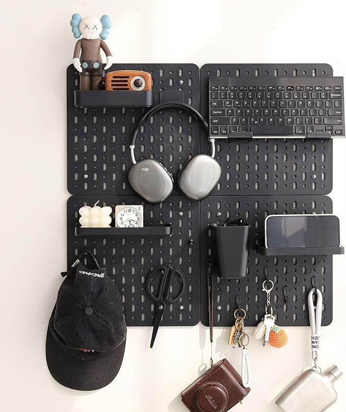 No Drill Pegboard Wall Organizer - HIPS Material Gaming & Office Storage with Accessories, White/Black/Pink Combination for Men Women Space-Saving (Black)