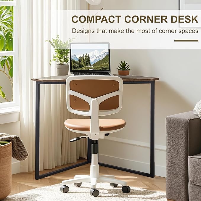 VECELO Corner Desk,Office Tables for Living Room for Small Space Triangle Computer Desk with Steel Frame Corner Shelves with Metal Frame Writing Desk for Workstation Classic Brown 33.1"