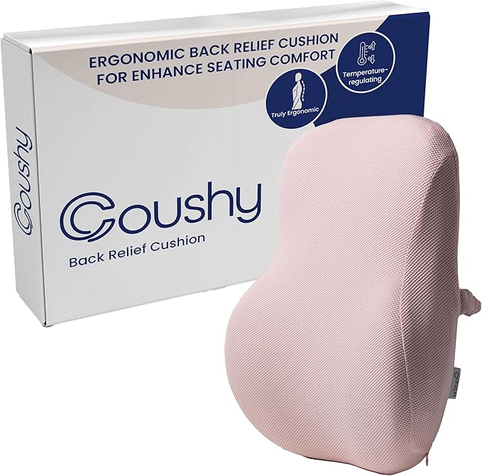 Coushy| Ergonomic Back Relief Cushion| Office Desk Accessories: Chair Cushions, Car Seat Cushion, Office Chair Cushion for Lumber Supporting Lumbar Support Pillow for Back Pain (Pink)